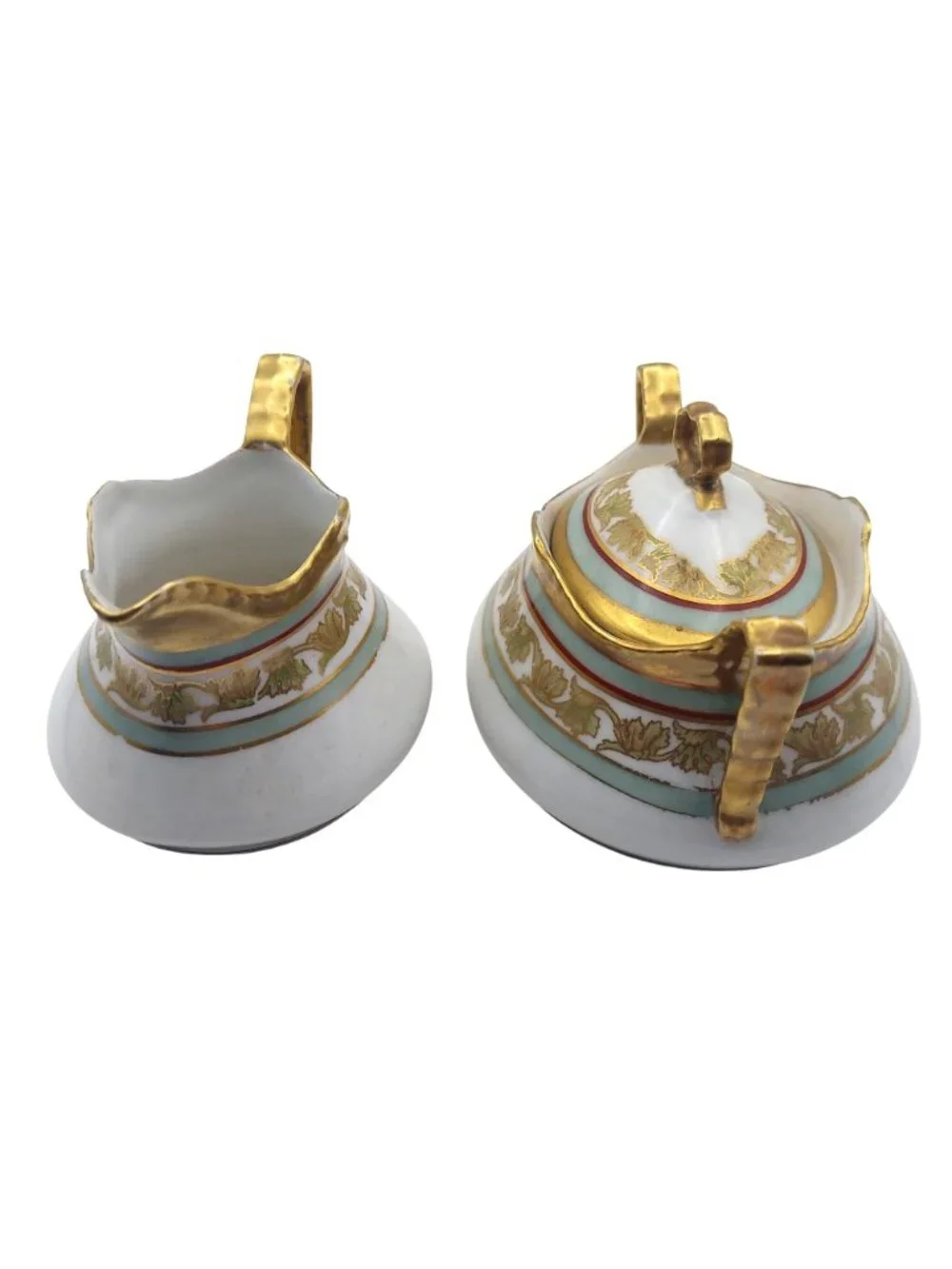 Limoges Coronet France Porcelain Sugar Bowl Creamer Leaf Motif Gold Trim Antique